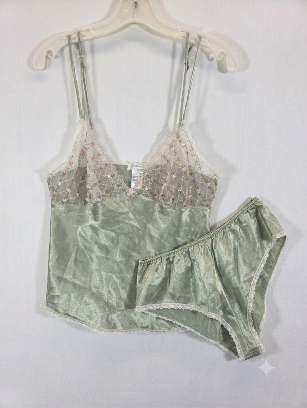 Je T'adore Vintage Style Sage Green Satin Camisole & Tap Pant Lingerie Set Size